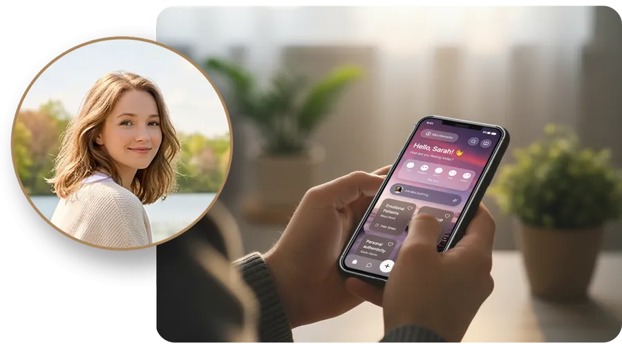 A person holding a smartphone with a personalized app interface open, focused on personal growth, showing a greeting to "Sarah." Next to this is a circular photo of a smiling young woman outdoors. Indoor plants and soft light are visible in the background.
