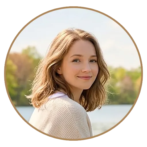 A young woman with shoulder-length light brown hair smiles softly while looking over her shoulder outdoors, reflecting personal growth amidst trees and a lake in the background on a sunny day.
