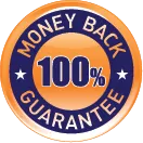 A round orange and blue badge with the text "Money Back Guarantee" around the edge and "100%" in large letters in the center—perfect for self-improvement or coaching programs focused on personal growth.