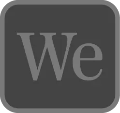 A dark gray square button with the letters "We" in light gray centered inside, symbolizing connection and personal growth in relationships. This represents the MiraLuna "We" Membership level.